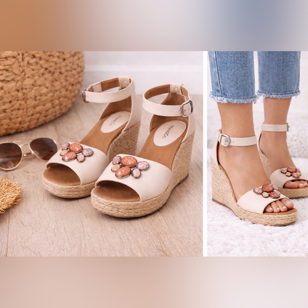 Style & Co Platform Sandals Size 8.5 Beige Wedge Jeweled Boho Summer Heels